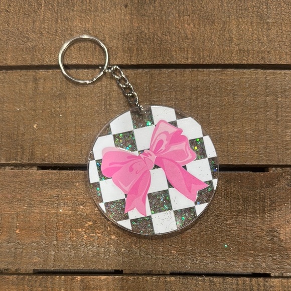 Pink Bow Checkered Keychain - Picture 1 of 2